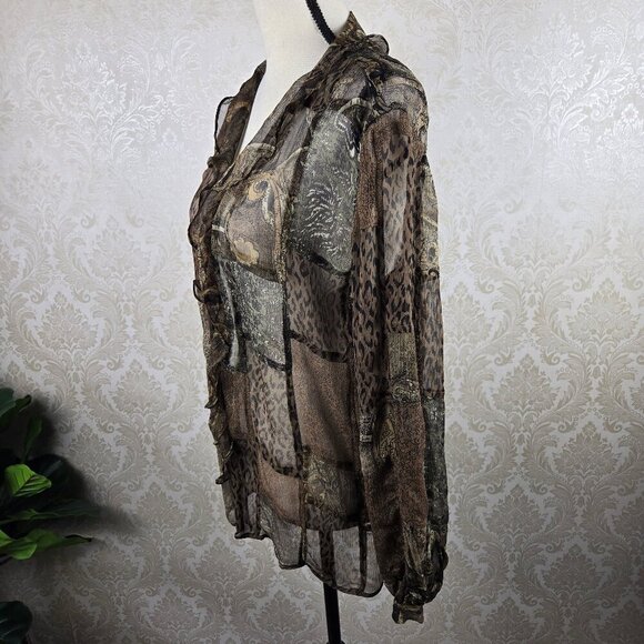 Chico's Size 2 (US Large) 100% Silk Animal Print Patchwork Blouse Ruffle Buttons - Picture 6 of 12